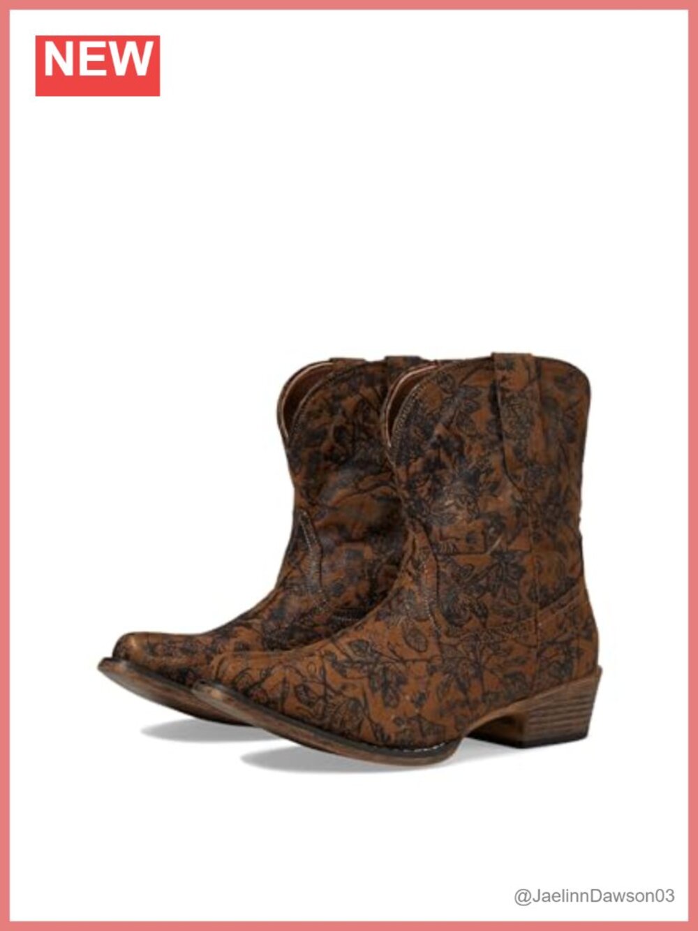 Vintage Floral Faux Leather Western Mid-Calf Boots Snip Toe Block Heel Pull-On
